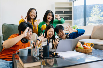 Lifestyle people. happy people of college students excited overjoyed examination results with good...