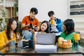 Lifestyle people. happy people of college students excited overjoyed examination results with good news over smartphone or Laptop computer.
