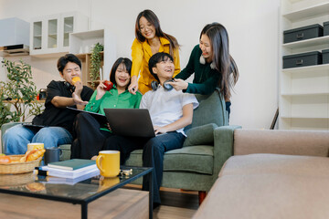 Lifestyle people. happy people of college students excited overjoyed examination results with good news over smartphone or Laptop computer.