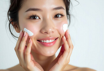 Smiling Asian woman using facial foam