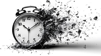 Shattered Classic Alarm Clock Representing Time Concept in Black and White