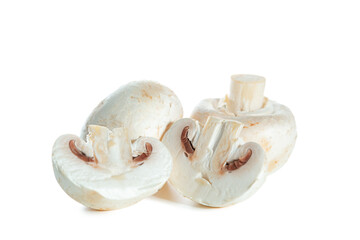 Whole and sliced ​​champignons isolated on white background.