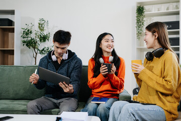 Lifestyle people. happy people of college students excited overjoyed examination results with good...