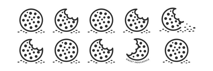Cookie Icons Black Outline Cookies, Some with Bites, Crumbles, and Textures on White