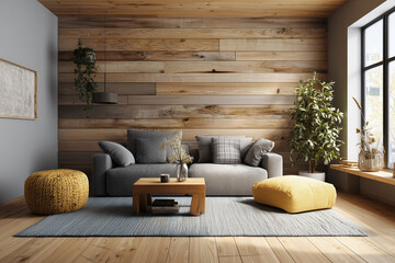 Modern Cozy Scandinavian living room with wooden wall planks