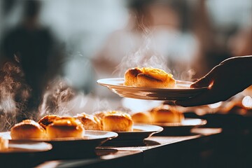 Fototapeta premium A hand holding a plate of warm pastries, steam rising