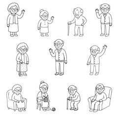 Vector illustration of senior citizens doing various activities. Diverse facial expressions and poses showing an elderly person in daily life. Vector