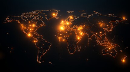 Illuminated world map with glowing city outlines and connections.