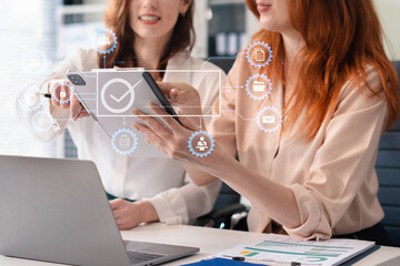 Digital transformation technology strategy, Person using laptop, tablet and smartphone with of...