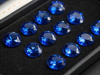 Blue sapphire jewel stones in a jewel box close up.