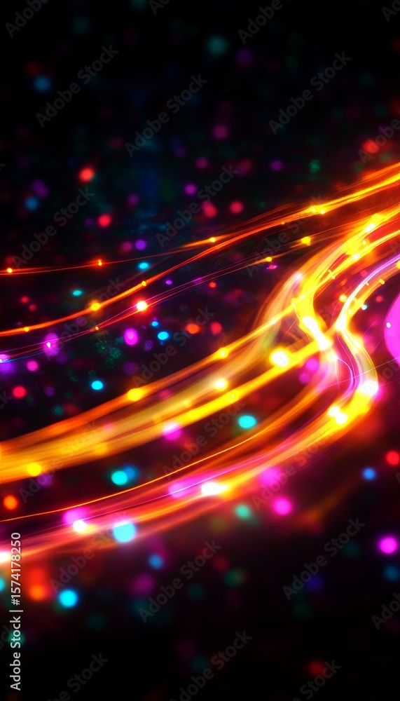Poster dynamic display of vibrant neon lights flowing in streams, representing speed and creative energy