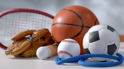 Various Sports Equipment on Table Including Balls and Batting Glove