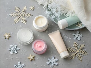 Set of cosmetic products with snowflakes on grey background, top view