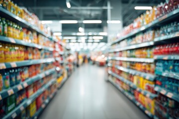 Blurred supermarket aisle with colorful products