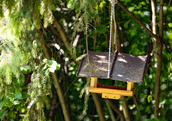 Wooden bird feeder with a dark roof hanging on ropes among green branches in a sunlit forest
