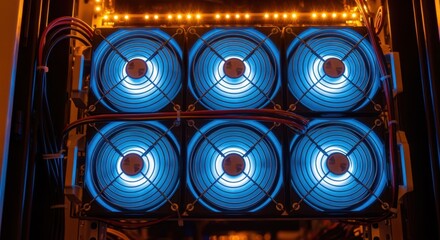 Close up of a cryptocurrency mining rig featuring multiple graphics cards and illuminated cooling fans, generating intense blue light and showcasing powerful processing capabilities