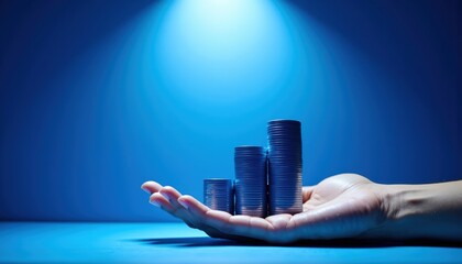 Hand Holding Stacks of Blue Coins Under Bright Light