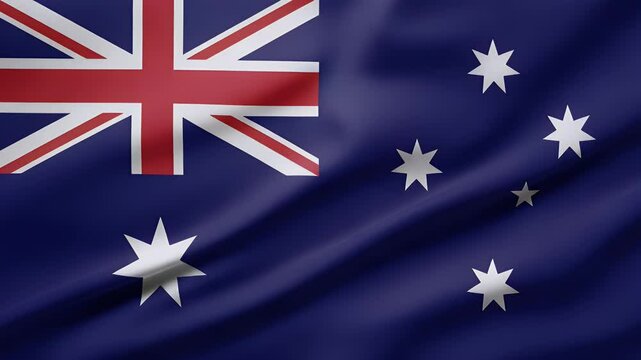 4K seamless loop footage of the Australian flag waving gently. Features blue, red, white, Union Jack, Commonwealth Star, and Southern Cross, symbolizing national identity.