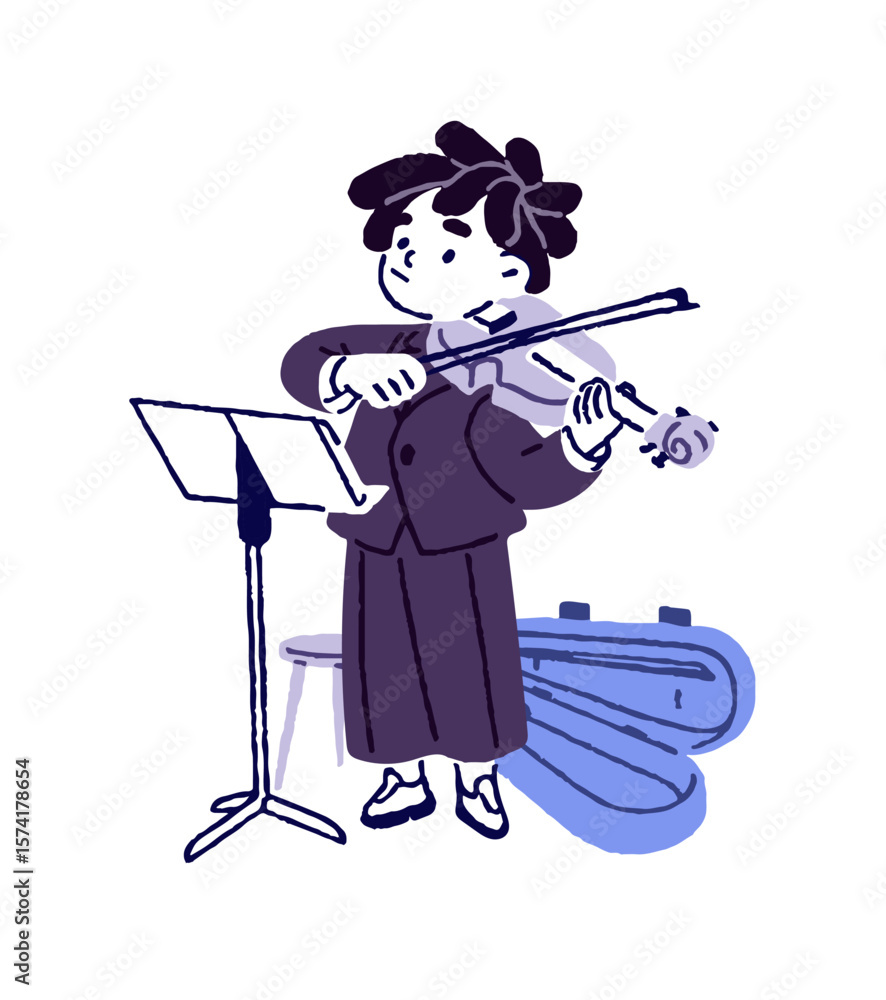 Poster cute little boy plays violin in class. happy kid is learning on string music instrument. talented ch