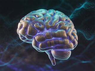 Artificial intelligence brain gleaming with digital circuits a technological marvel with soft neon
