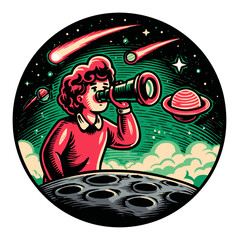 Enthralled Girl Observing Stars Through Telescope in Vibrant Cartoon Style