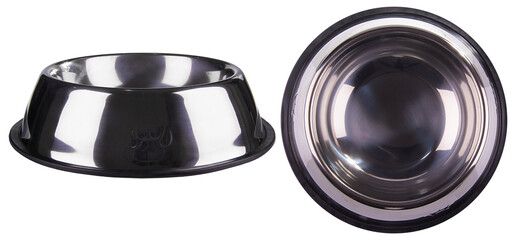 side and top view stainless steel dog bowl isolated on transparent