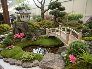 garden with benches and flowers in the city park in cloudy weather