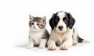 Obraz premium Sweet Tabby Kitten and Black-White Puppy Lying Together on White Background