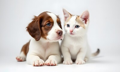 Friendly Brown-White Puppy and Light Brown Kitten Together Against White Background