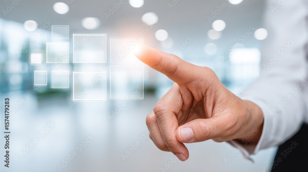Poster future tech interface interaction: a hand elegantly interacts with a futuristic user interface, symb
