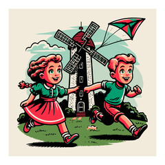 Joyful Mother and Child with Windmill and Kite in Cartoon Style Illustration