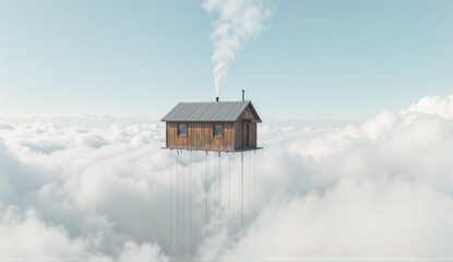 Surreal floating wooden cabin suspended in clouds with smoking chimney. Conceptual art representing freedom, escape, and alternative living dreams.