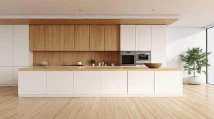 Modern Minimalist Kitchen Interior with Wood Accents and Bright Light