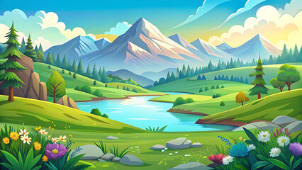 Vector Spring Mountain Landscape With Green Fields And Trees