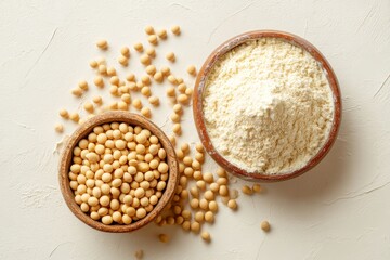 Soybeans and soy flour displayed in wooden bowls on textured background in bright lighting