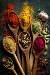Colorful spices arranged on wooden spoons showcasing various flavors and textures in a kitchen setting