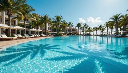 Obraz premium Stunning turquoise swimming pool at a luxury resort with palm trees and chaise lounges.