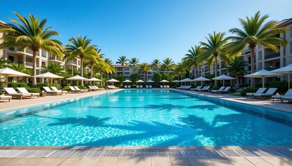 A long, rectangular swimming pool surrounded by palm trees, lounge chairs, and white umbrellas at a luxury resort.