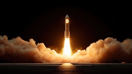 Rocket Launch with Bitcoin Symbol and Flames