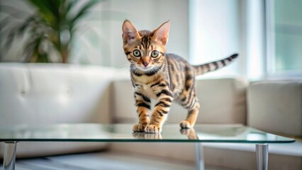 A playful Bengal kitten explores a modern glass-top coffee table in a bright, minimalist home interior