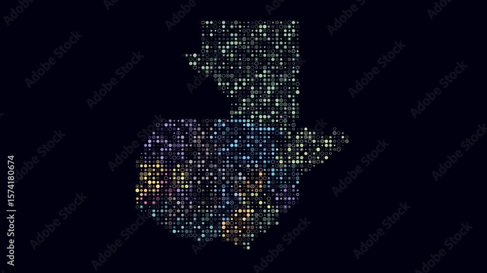 Poster guatemala dotted animation. shape of the country build of pulsating colored dots. small size circle 