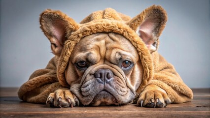 A charming fawn-colored French bulldog, nestled comfortably in a plush furry hooded garment, rests its head on a rustic wooden surface.