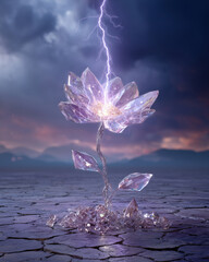 Fantasy landscape. Crystal flower blooming on cracked stone surface under a vast twilight sky, single bolt of violet lightning striking its center