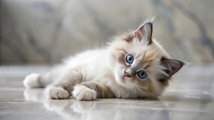 Adorable Ragdoll Kitten with Striking Blue Eyes Relaxing on a Smooth Surface
