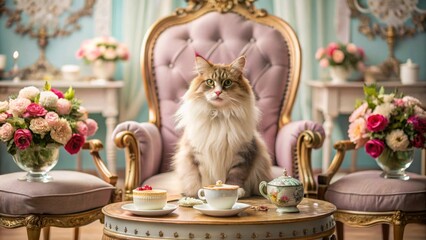 A fluffy feline companion enjoys a sophisticated afternoon tea setting, perched regally on an ornate chair amidst floral arrangements and delicate pastries.