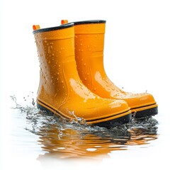 Bright yellow rain boots splashing in water, covered with droplets, showcasing waterproof and durable footwear on a white background.