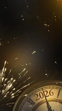 old countdown clock for happy new year 2026 with exploding firework on night sky, new years eve party greeting card, motion design concept