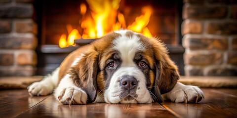 A heartwarming scene of a young Saint Bernard puppy resting peacefully on a hardwood floor in front of a cozy fireplace with a warm fire burning