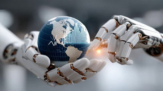 Artificial Intelligence Guardian: A close-up, futuristic image showcases a robotic hand gently cradling a miniature globe.