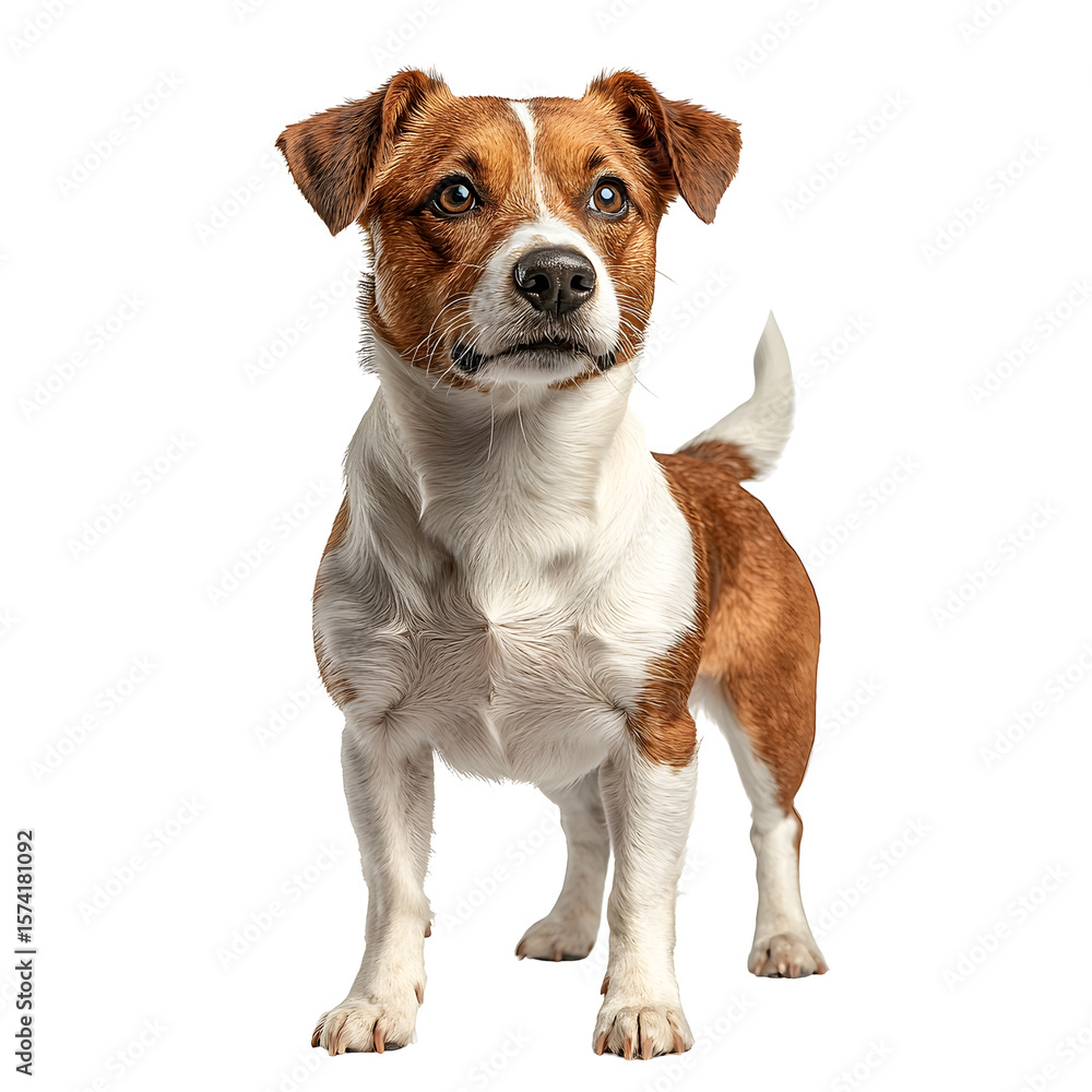 Poster a photograph of an alert and attentive mixed breed dog standing upright and centered on a white back